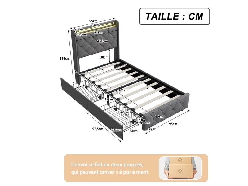 Lit coffre 90x200 cm, tête de lit led, coloris gris - Conforama B