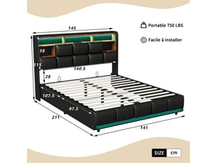 Lit double coffre - 140 x 200 cm-noir - en similicuir pu, avec tête de lit de rangement, double éclairage led, ports de charge et vérins hydrauliques