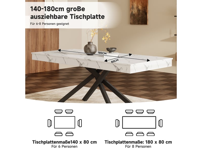  Table extensible blanche 140-180 x 80 cm – plateau épais, pieds en métal, 6–8 personnes  - Conforama E