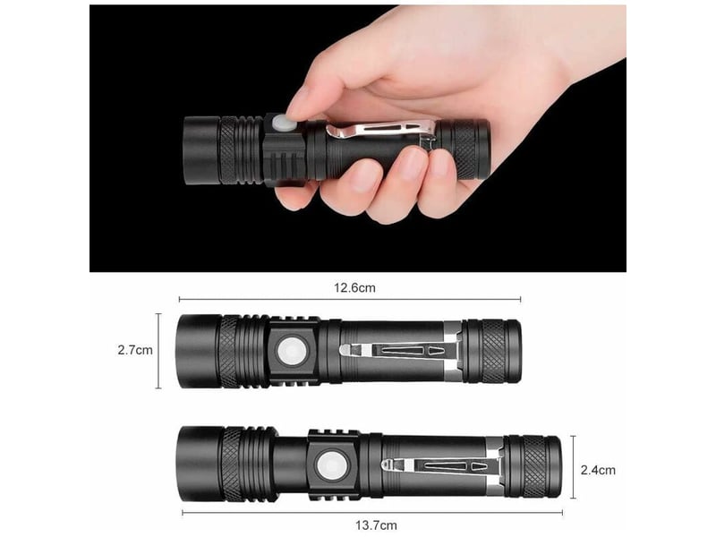  Lampe torche led rechargeable usb, lampe de poche 600 lumens, ip65 étanche, 4 modes eclairage, lampe de poche zoomable (batterie incluse)  - Conforama E