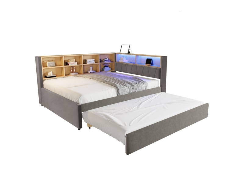 Canapé-lit simple 140x200 cm lit gigogne 90x190, prises électriques et compartiments de rangement gris foncé, équipé de lampes led  - Conforama R