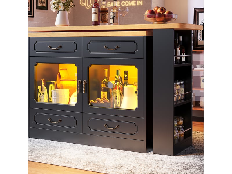  Table de bar extensible 135-203 cm avec rangement, led, rotation 360°, noir naturel  - Conforama E