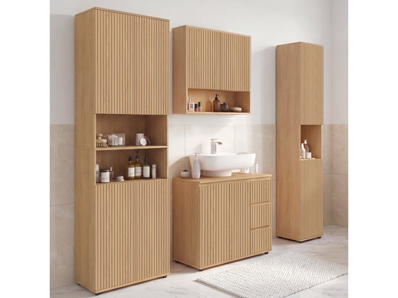  Meuble sous lavabo salle de bain victor avec placard et 3 tiroirs effet lattes  - Conforama E