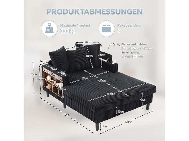  Canapé convertible en velours côtelé noir avec led, port usb et coffre de rangement intégré 129x170 cm  - Conforama C