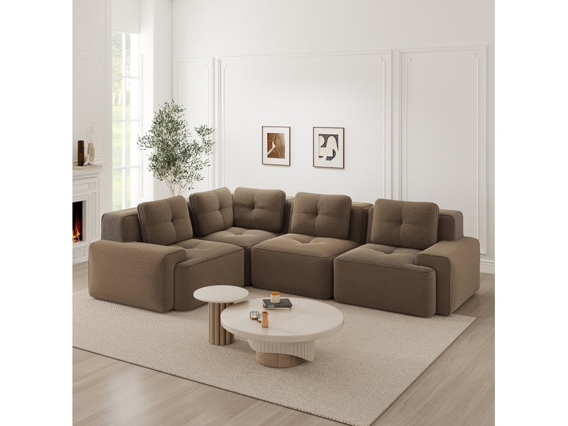  Canapé d'angle modulaire 4 places 295x206x69 cm, sans montage, antiglisse, assise profonde, en velours côtelé, marron  - Conforama E