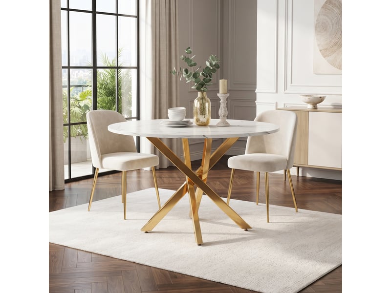  Table à manger ronde,80x80x75 cm,pieds métal,mdf,effet marbre blanc et doré  - Conforama B