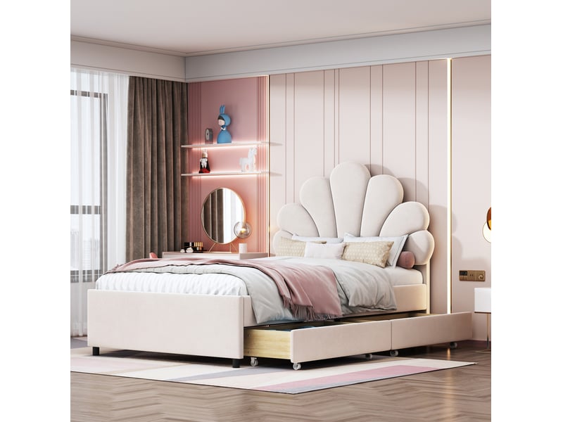  Lit enfant 90x200cm, tête de lit et sommier, lit simple avec 2 tiroirs de rangement, velours beige, sans matelas  - Conforama E