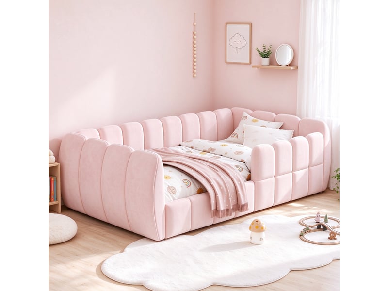  Lit rembourré pour enfant 90 x 200 cm – velours – coins arrondis – rose (matelas non inclus)  - Conforama D