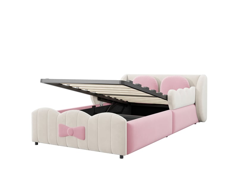Lit simple pour enfant 90 x 200, avec rangement hydraulique, livré avec 2 grands coussins décoratifs, en velours, beige - Conforama W