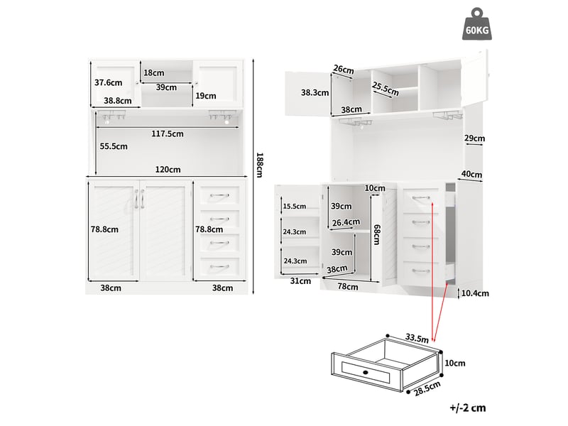  Buffet haut de cuisine 120 x 40 x 188 cm, meuble de rangement avec led, 4 portes, 4 tiroirs, étagère snacks et porte-boissons  - Conforama C