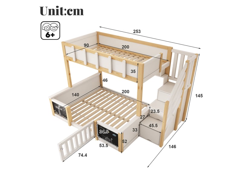  Lit superposé enfant modenvie 90 x 200 et 140 x 200 cm avec escalier de rangement tableau blanc et bois naturel  - Conforama C