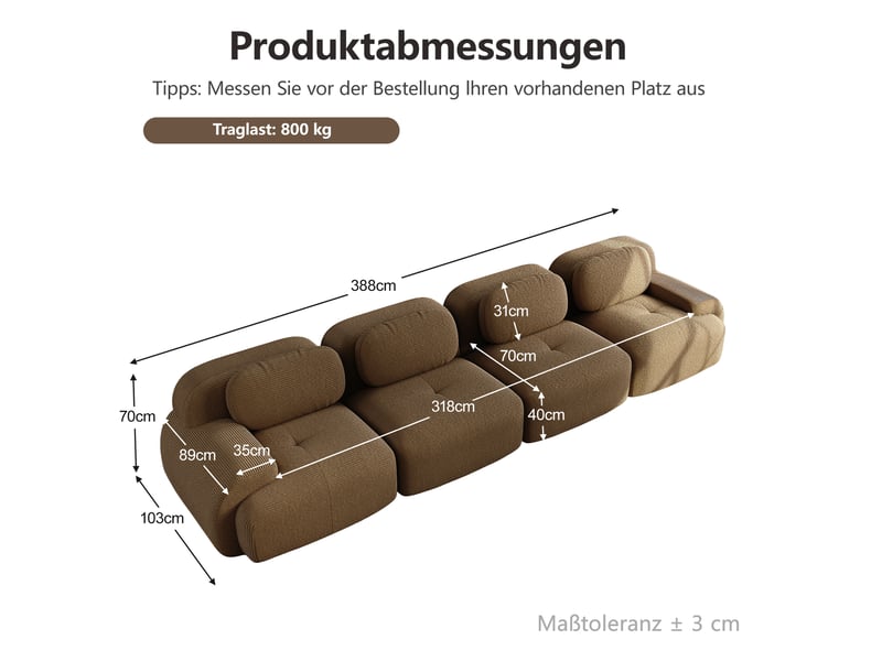  Canapé d'angle 4 places en velours côtelé marron, modulable et sans montage, 388x103x70 cm  - Conforama C