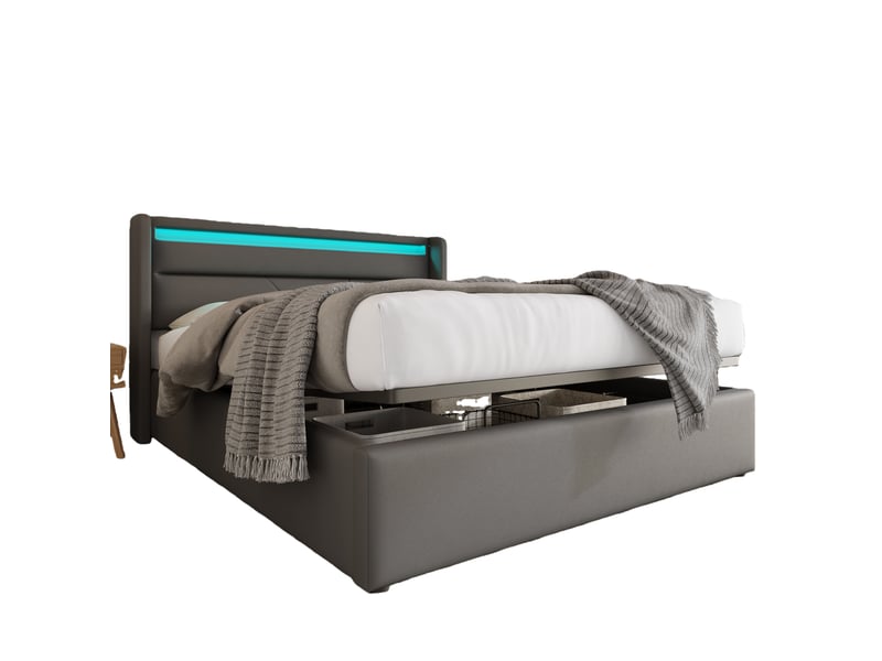  Lit coffre 140x200 cm - lit coffre capitonné double avec tête de lit led et coffre hydraulique, pu gris, matelas inclus  - Conforama A