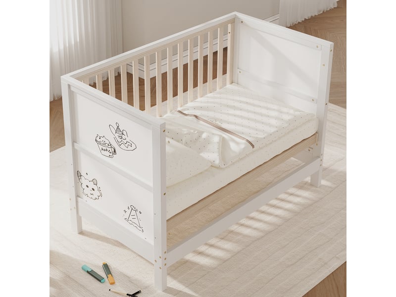 Lit enfant 1 place évolutif réglable, bois massif, matelas non précisé - okmyhome- naturel et blanc, 50 kg - Conforama C