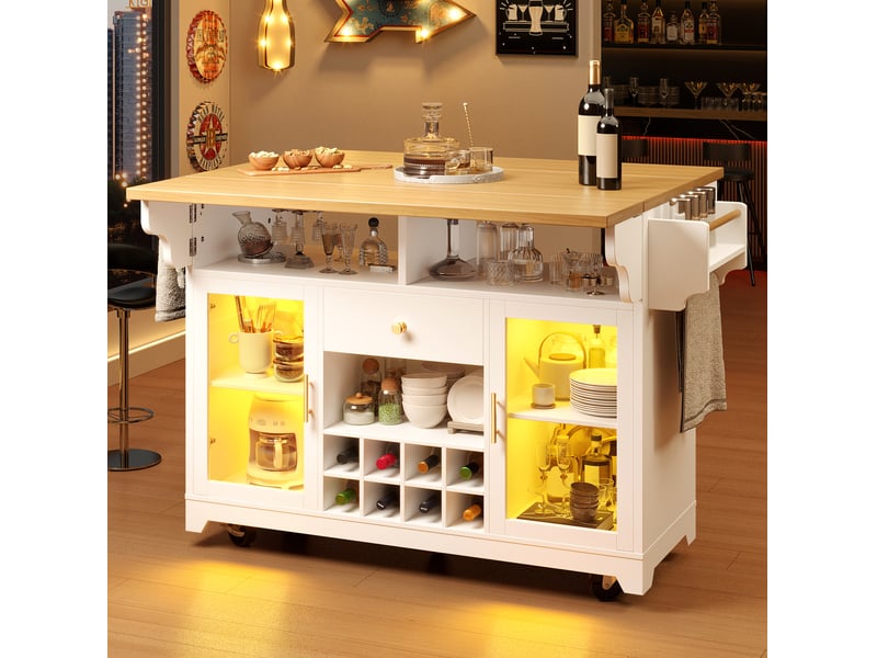  Desserte de cuisine à roulettes avec 2 portes, tiroir, led rgb et plateaux rabattables en mdf blanc 143 × 80 × 95 cm  - Conforama E