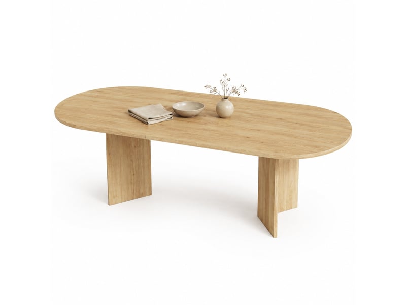  Table de salle à manger extensible 140 à 180 x 90 cm chêne clair, mdf, pour 6 à 8 personnes, plateau arrondi  - Conforama A