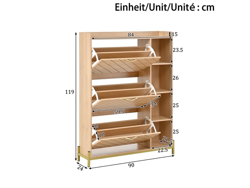  Meuble à chaussures à 3 portes abattantes avec étagères latérales ouvertes pour entrée en mdf naturel 90 × 24 × 119 cm  - Conforama E