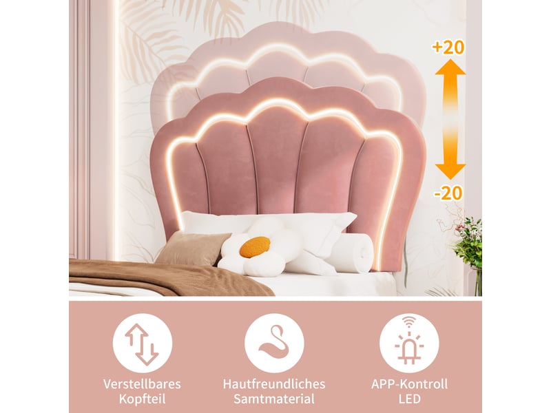 Lit enfant 90x190 velours rose avec tiroir de rangement, cadre de lit led rgb et tête de lit réglable motif floral - Conforama R