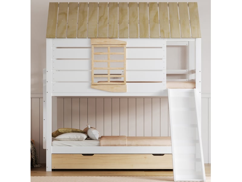  Lit adulte chambre couchage 90x200 avec tiroir maison toboggan blanc naturel homvra  - Conforama B