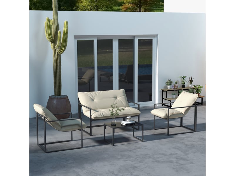 Salon de jardin 4 pcs 4 personnes avec canapé 2 pl., 2 fauteuils et 1 table basse gris - Conforama D