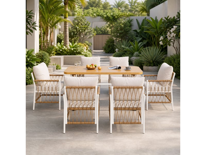 Ensemble table et chaise de jardin avec 1 table et 6 chaises - coussins inclus pour terrasse - métal, rotin pe et polyester - beige, marron et naturel - Conforama C