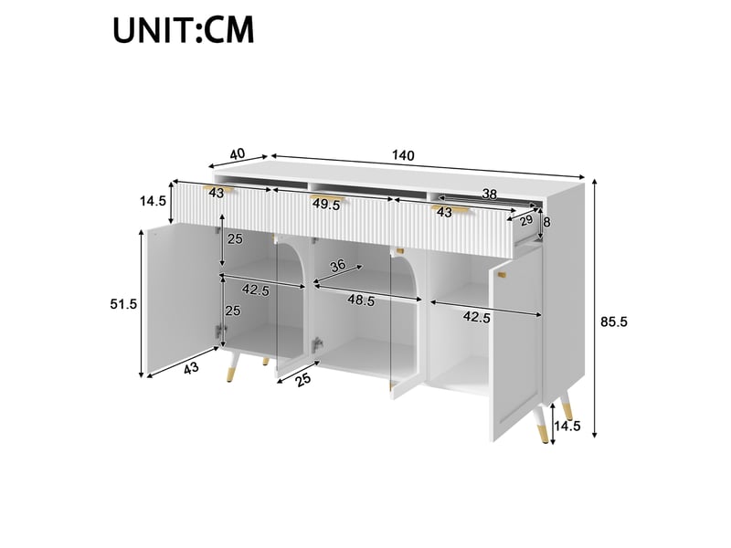 Buffet bas 140 x 40 x 85,5 cm avec 4 portes et 3 tiroirs, inserts en acrylique transparent, poignées en métal, pieds en bois, blanc - Conforama C