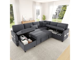 Canapé d'angle réversible convertible <strong></strong> <strong></strong> 6 places Tissu gris avec coffre de rangement
