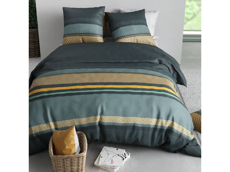  Parure housse de couette 240x220cm + 2 taies motif graphique bleu et jaune 100% coton - strala STRALA - Conforama C