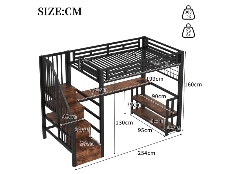  Lit mezzanine enfant 90 x 200 cm avec bureau, rangement, led et ports usb, noir  - Conforama C