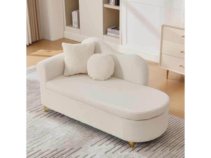 Méridienne 134x64x70cm, banc, rangement, coussins, pieds en métal, pour chambre, salon, bois, tissu teddy, beige blanc  - Conforama R