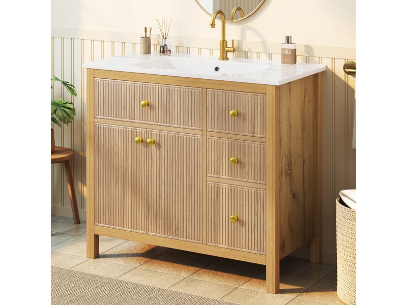  Meublede salle de bain 91 cm avec vasque céramique,91 x 48 x 88 cm,bois naturel mdf et bois massif,texture ondulée,fermeture amortie  - Conforama W