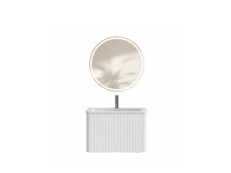 Meuble sous vasque suspendu avec 1 tiroir, vasque intégrée et miroir rond led, salle de bain, blanc, rainuré - Conforama A