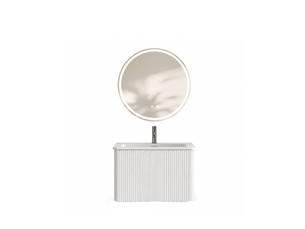 Meuble sous vasque suspendu avec 1 tiroir, vasque intégrée et miroir rond led, salle de bain, blanc, rainuré