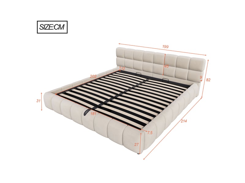  Lit coffre rembourré 180x200 cm, led multicolore par app, coffre hydraulique, tête de lit épaisse, sommier à lattes, velours - beige  - Conforama E