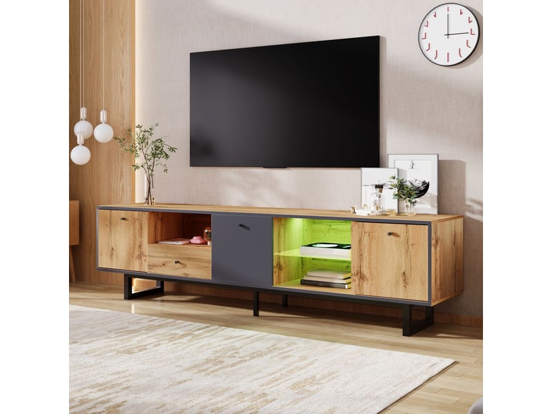  Meuble tv avec éclairage led, cloison en verre et charnières amorties meuble tv contemporain  - Conforama B