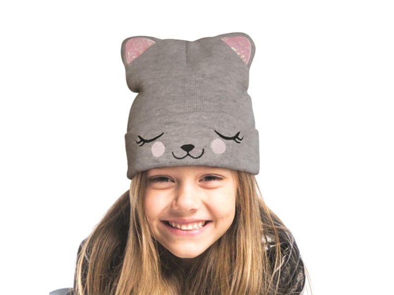  Bonnet enfant chat 21cm gris &amp; rose  - Conforama D