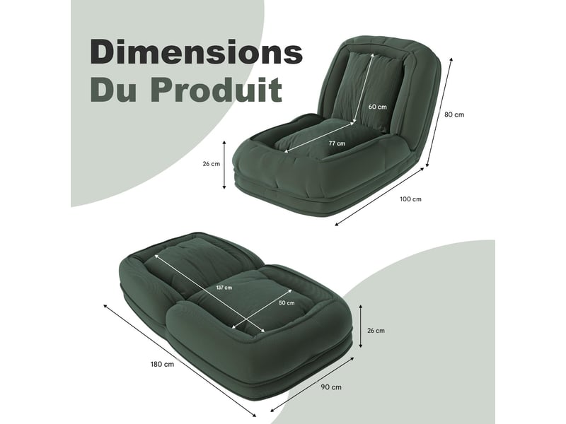  Chauffeuse convertible inclinable 5 positions avec 2 coussins vert W1198P488083 - Conforama C