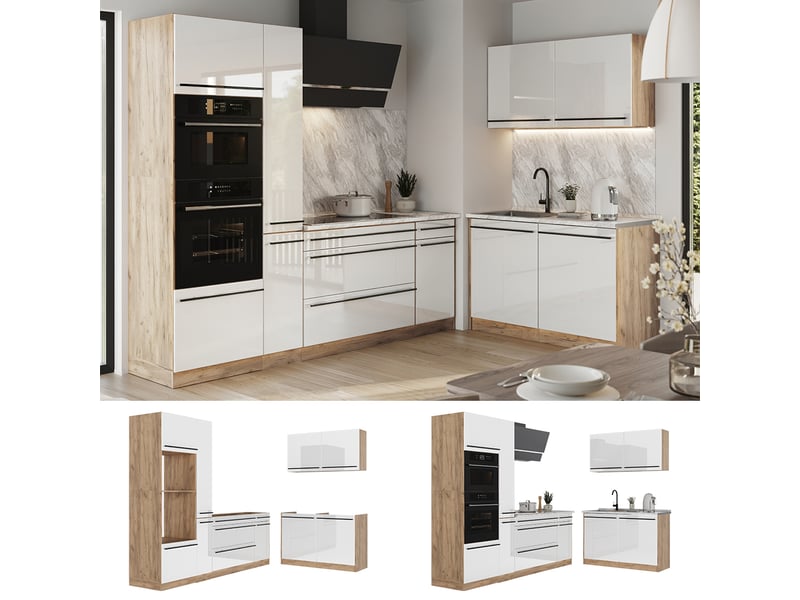 Vicco cuisine en angle, blanc haute brillancechêne doré, 230 x 120 cm sans plan de travail  - Conforama D