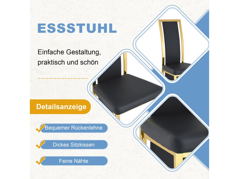  Lot de 4 chaises de salle à manger noires et dorées, revêtement en cuir pu et cadre en métal robuste, dossier haut 109 cm  - Conforama W