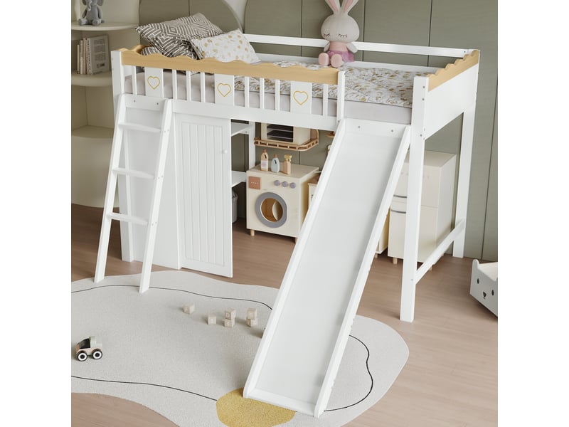  Lit mezzanine enfant 90 x 200 cm avec toboggan, armoire, meuble de rangement, garde-corps 4 côtés, pin et mdf, blanc et effet bois naturel  - Conforama C
