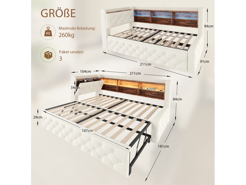  Banquette-lit extensible, 90x190 cm, avec rangement, led, usb et type c, matelas non inclus, velours, coloris beige  - Conforama C