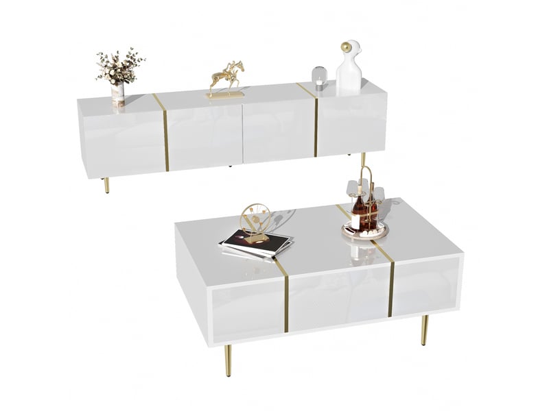  Ensemble meuble tv 170x35x46 cm et table basse 100x60x41,5 cm, 4 portes, 2 tiroirs, mdf blanc brillant  - Conforama A