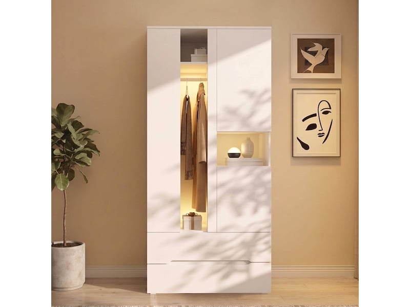 Armoire blanche avec éclairage led 3 portes et 2 tiroirs 90x50x200 cm - Conforama B