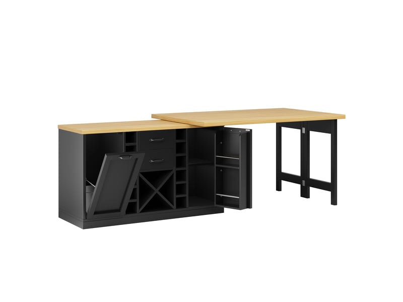  Îlot de cuisine rotatif blancnoir 120–223 cm, range-bouteilles amovible, porte-poubelle, étagères snack  - Conforama E