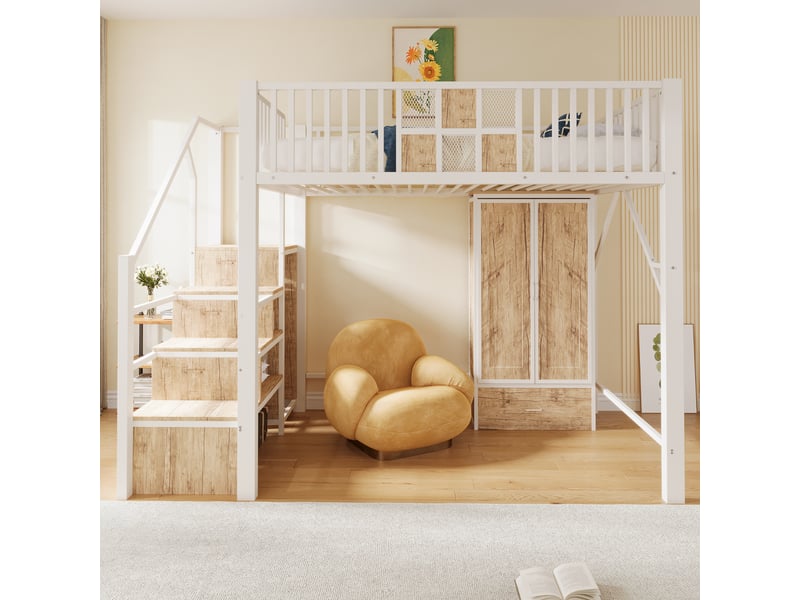  Lit mezzanine métal 140 x 200 cm blanc avec garde-corps bois et grille métal, grande armoire, penderie, tiroirs et escalier rangement  - Conforama C