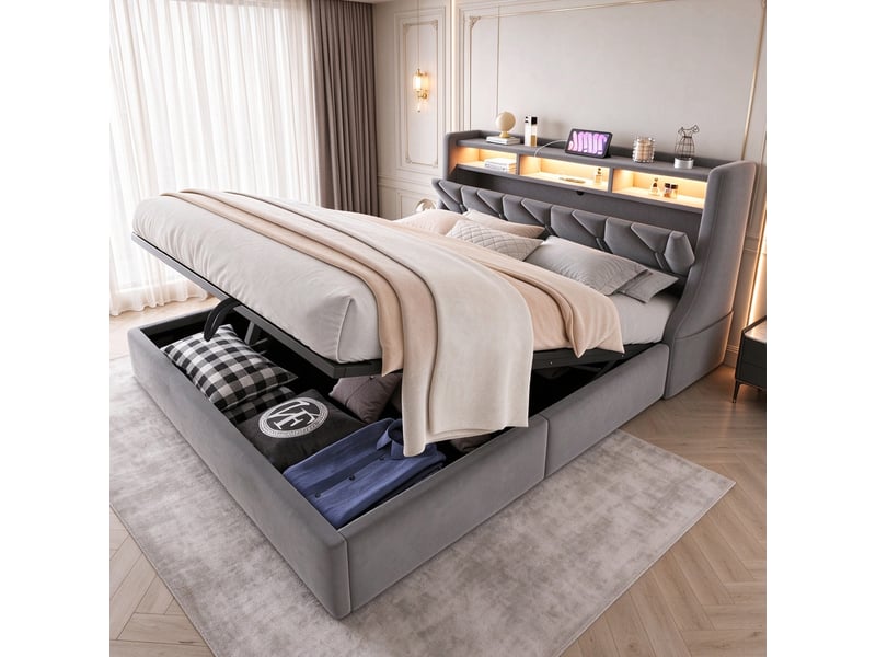 Lit coffre 140x200 cm en velours, tête de lit rabattable avec rangements, LED pilotable par application, prises USB, pieds larges - Gris  - Conforama D