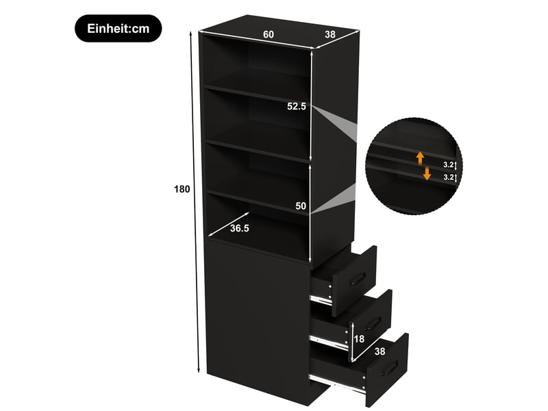  Bibliothèque 60x38x180 cm, tiroirs latéraux réversibles gauche et droite, meuble salon et bureau, aggloméré, en noir  - Conforama C