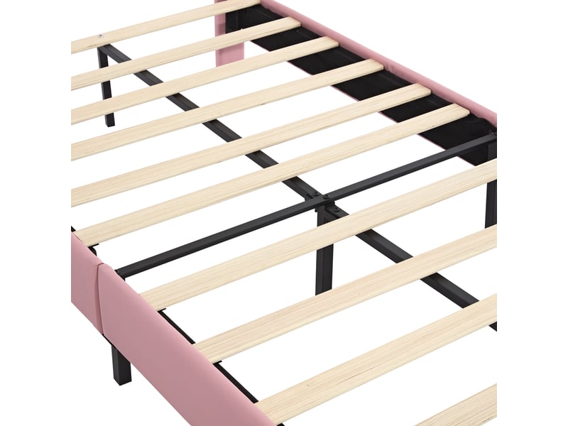  Lit enfant simple 90x200 cm avec tête couronne et sommier, pu, rose et blanc, sans matelas  - Conforama R