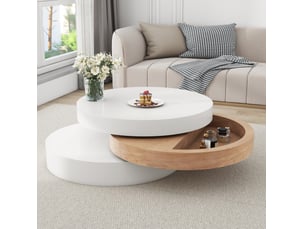 Table basse pivotante avec 3 plateaux et rangement dissimulé en mdf blanc et bois naturel pour salon 60 × 60 × 35,1 cm