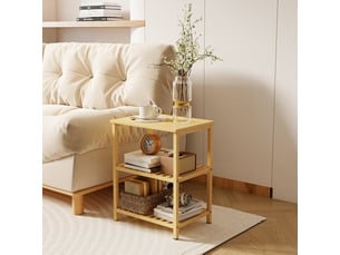 Table d'appoint en bambou à 3 niveaux avec étagères ajourées, compacte pour salon et chambre